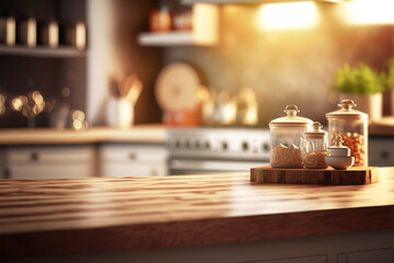 Fototapeta na wymiar Modern empty tabletop on blurry kitchen interior background. Generative AI illustration