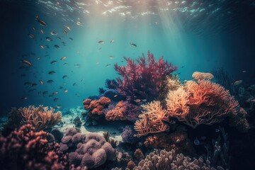 Naklejka na ściany i meble Underwater seafloor scenery filled with coral reefs. Generative AI
