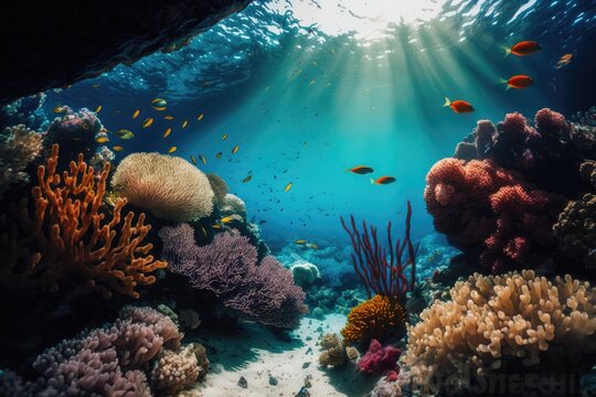 Underwater seafloor scenery filled with coral reefs. Generative AI