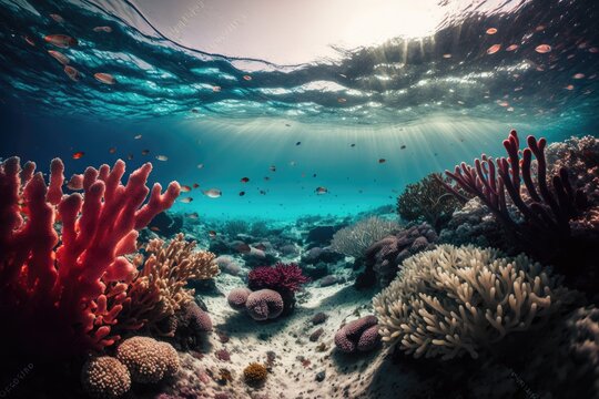 Underwater seafloor scenery filled with coral reefs. Generative AI