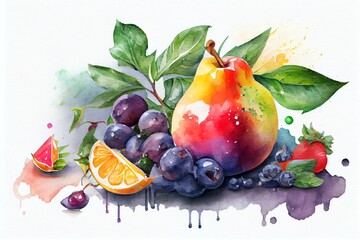 Watercolor Illustration of a Gesunde ErnÃ¤Hrung Â€“ Seitenansicht Von Menschen GefÃ¼Llt Mit Obst Und GemÃ¼Se. Generative AI