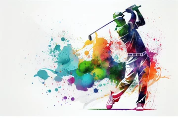 Rolgordijnen Watercolor Illustration of a Golf Sport Player Colorful Splash Horizontal Banner On White Background Copy Space. Illustration. Generative AI © Pixel Matrix