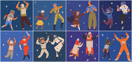 Fototapeta na wymiar Animators at birthday party in cosmic style. Theme party in costumes. People in costumes have fun at space party. Characters in self made outfits surrounded by cosmic bodies and celestial objects