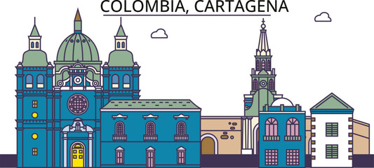 Colombia, Cartagena tourism landmarks, vector city travel illustration - obrazy, fototapety, plakaty