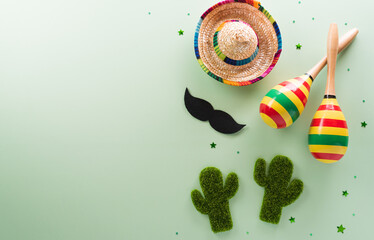 Cinco de Mayo holiday background made from maracas, mexican blanket stripes or poncho serape, cactus and hat on pastel background.