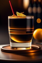 A sophisticated Manhattan with amber hues in a chilled glass, garnished with a cherry and orange twist.