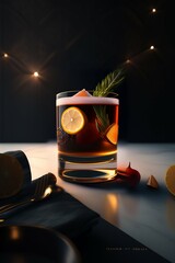 A sophisticated Manhattan with amber hues in a chilled glass, garnished with a cherry and orange twist.