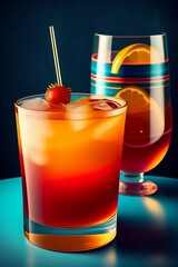 A sophisticated Manhattan with amber hues in a chilled glass, garnished with a cherry and orange twist.