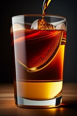 A sophisticated Manhattan with amber hues in a chilled glass, garnished with a cherry and orange twist.