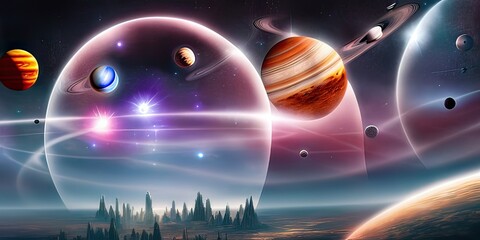 Space and planet background. Planets surface with craters, stars and comets in dark space. Illustration. Space sky with planet and satellite.