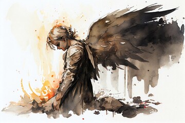 Watercolor Illustration of a Little Burnt Fallen Angel, An Angel Who Was Expelled From Heaven. A Fallen Angel Who Fell From Grace. Generative AI - obrazy, fototapety, plakaty