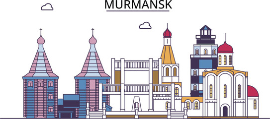 Russia, Murmansk tourism landmarks, vector city travel illustration - obrazy, fototapety, plakaty