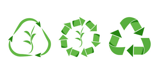Recycling icons and logos set in green color in modern and trendy style. Stickers. Eco and technology. Flat style.