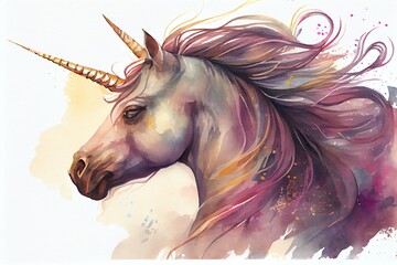 Watercolor Illustration of a Portrait Of A Cute Beautiful Unicorn, Fantasy Background, Illustration. Generative AI