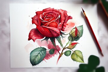 Watercolor Illustration of a Red Rose On White Background For The Day Of Love And ValentineS Day. Generative AI