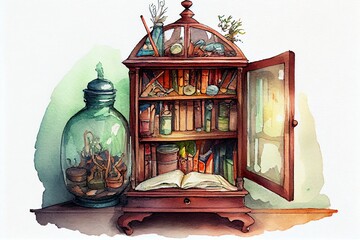Watercolor Illustration of a Reading Room Cabinet Of Curiosities. Generative AI