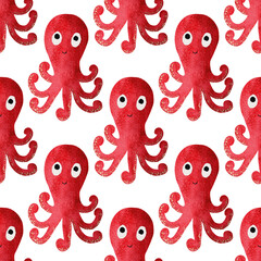 Watercolor seamless pattern with red cute cartoon octopuses