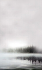 Obraz na płótnie Canvas Mist over the river, grey fog and cloudy weather landscape, generative AI mood vertical background 