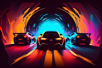 Watercolor Illustration of a Three Supercars Racing In Neon Light Tunnel. Generative AI