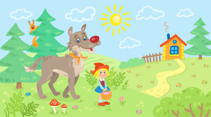 Little Red Riding Hood and a big gray wolf in a forest glade among trees and flowers. Heroes of a fairy tale. Summer landscape. In cartoon style. Vector flat illustration.