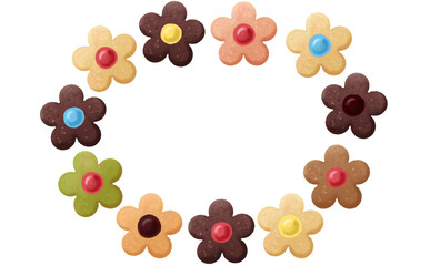カラフルなお花のクッキーの楕円フレーム大 コピースペース有 白背景 イラスト素材 色違い・差分あり