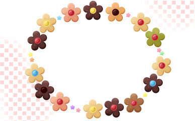 カラフルなお花のクッキーの楕円フレーム小 コピースペース有 スクエアドット背景 イラスト素材 色違い・差分あり