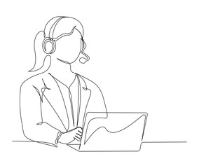 Continuous one line drawing of young woman sitting in front of a computer with a headset. simple woman as customer serive outline vector illustration.