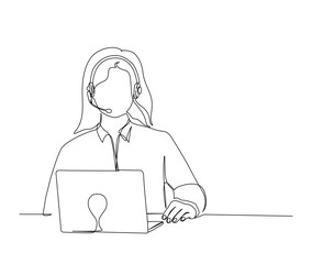 Continuous one line drawing of young woman sitting in front of a computer with a headset. simple woman as customer serive outline vector illustration.
