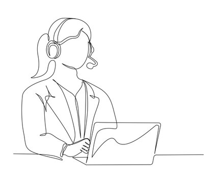 recommend clip art: Continuous one line drawing of young woman sitting in front of a computer with a headset. simple woman as customer serive outline vector illustration.