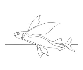 Continuous one line drawing of flying fish or flying cod. Simple ocean fish outline vector illustration for fishing, seafood, and restaurant concept.