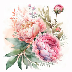 Watercolor bouquet of pink peonies. Generative AI technology.