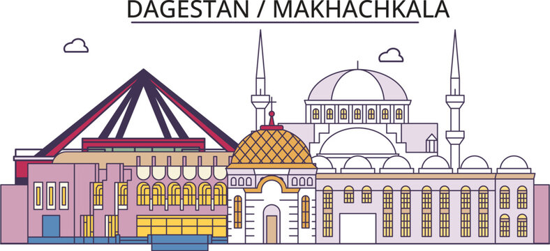 Russia, Makhachkala tourism landmarks, vector city travel illustration