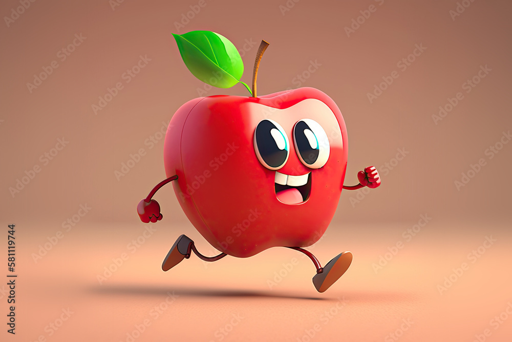 Sticker Cute Cartoon Running Apple Character (Generative AI)