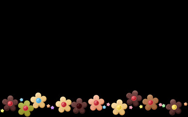 一列に並んだカラフルなお花のクッキー 黒背景 イラスト素材 色違い・差分あり