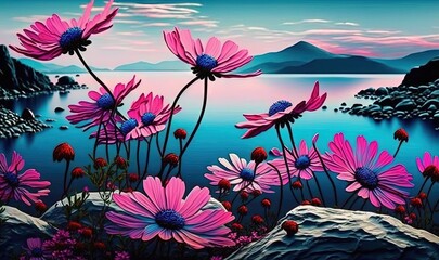  a painting of pink flowers by a lake with mountains in the background and a blue sky with clouds in the background and a pink sunset.  generative ai