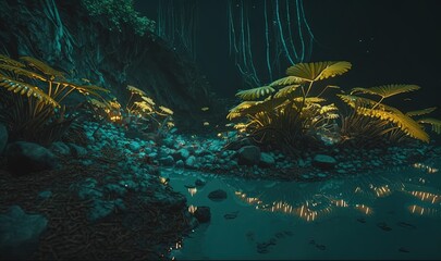  a group of plants and rocks in a dark room with a light on the ground and a stream of water running through it, with a rock bed of rocks and plants in the foreground.  generative ai