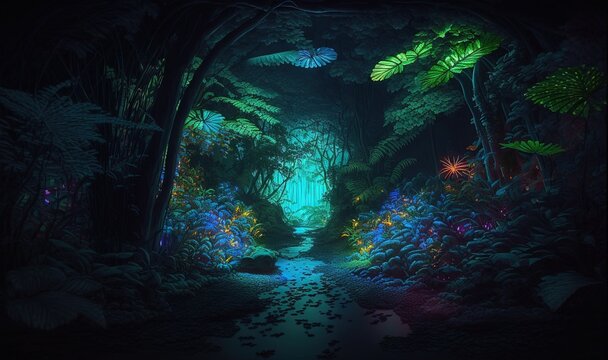  a painting of a dark forest with a stream of water running through the center of the forest, with a butterfly flying over the water.  generative ai