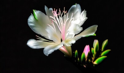  a white flower with pink stamens on a black background with a green stem in the foreground and a pink stamen in the middle.  generative ai