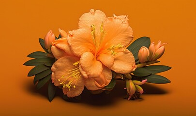  a bouquet of orange flowers on an orange background with green leaves and a yellow background with a yellow background and a yellow background with a white border.  generative ai