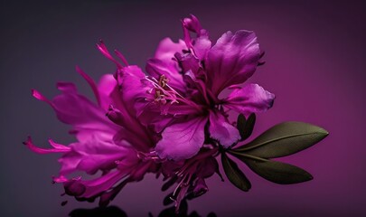  a close up of a purple flower on a black table with a purple back ground and a purple background with a green leafy stem.  generative ai