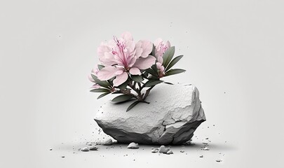  a rock with a flower growing out of it and a rock with a flower growing out of it on top of it, with a white background.  generative ai