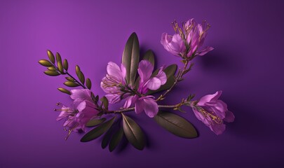 Obraz na płótnie Canvas a purple background with a bunch of flowers on top of it and leaves on the bottom of the image and a purple background with a bunch of flowers on the bottom. generative ai
