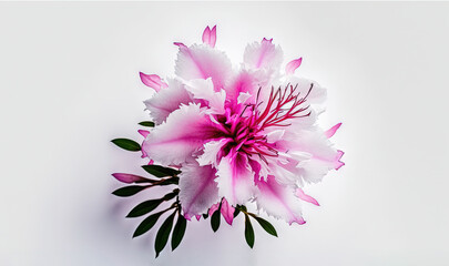  a pink and white flower on a white background with green leaves and stems in the center of the flower, with a white background behind it is a white wall.  generative ai