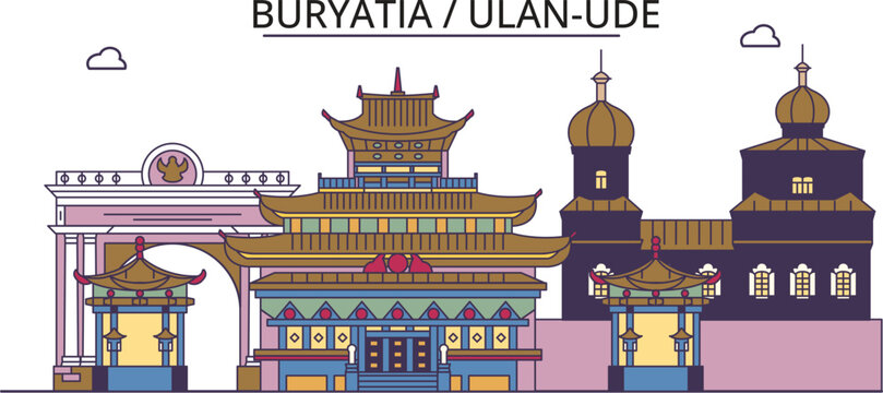Russia, Ulan Ude tourism landmarks, vector city travel illustration