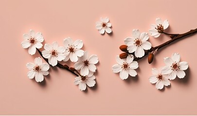  a branch of a tree with white flowers on a pink background with a place for a text or a picture of a branch of a tree with white flowers on a pink background.  generative ai
