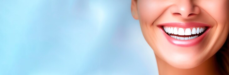 A woman's dazzling smile. Free space banner. Generative AI.