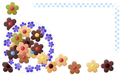 青い花柄皿に乗ったカラフルなクッキー スクエアドット背景 色違い・差分あり イラスト素材