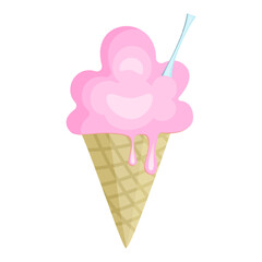 Strawberry ice cream, cone, vector design, pink dessert icon