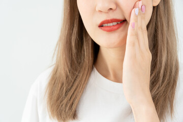 Asian woman feel toothache from gingivitis, female suffer tooth, decay problems, dental care....