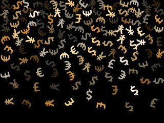 Euro dollar pound yen metallic signs flying currency vector background. Investment concept.